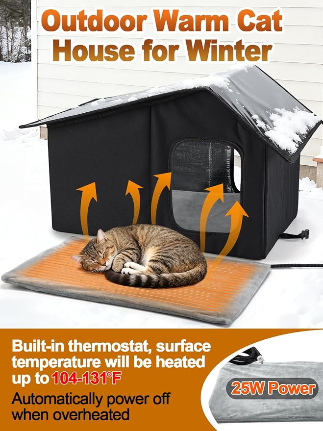 Weatherproof Heated Cat Houses for Outdoor Cats - Insulated Cat Shelter for Winter with Thermostatic Heating Pad and Escape Door, Warm Outside Pet House Gift for 1-2 Feral Cats (Black)