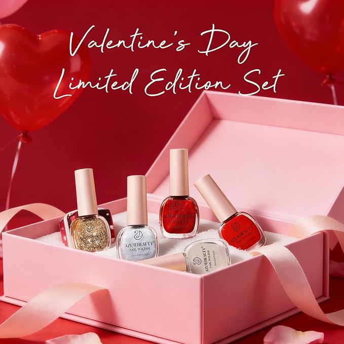 AZUREBEAUTY Red Valentine's Nail Polish Set Quick Dry Silver Glitter Cat Eye 4 Colors Natural Fingernail with Top Coat DIY Salon Home no Gel Women Gifts