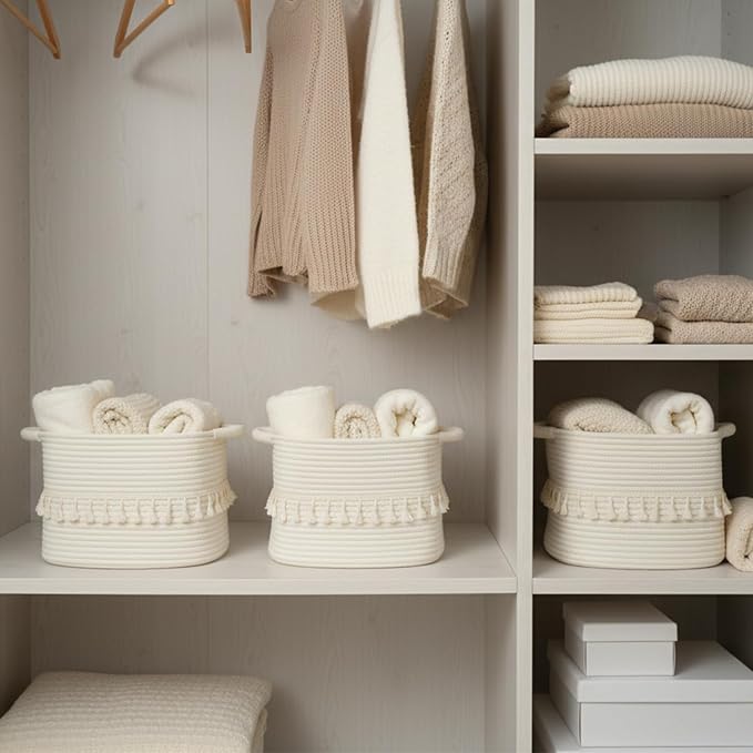 TeoKJ White Cotton Rope Baskets for Storage, Set of 3 Woven Clothes Basket for Organizing and Storage, Blanket Basket for Living Room Laundry Bathroom Shelves