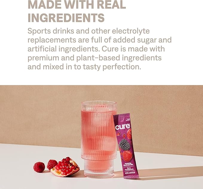 Cure Hydration | Plant-Based Electrolyte Drink Mix | No Added Sugar | Dehydration Relief Powder Made with Coconut Water | Non-GMO | Vegan | Pouch of 28 Packets - Berry Pomegranate