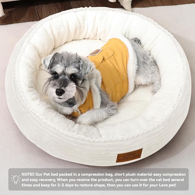 Zerbuger 23in Cream Round Dog Bed Sofa for Dogs Cats, Machine Washable | for Small/Medium/Large Dogs Cats, Foam Pet Couch with Removable Mat Non-Slip Bottom, Pet Cuddler for Indoor/Outdoor/Car/Cage
