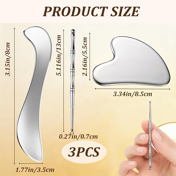Stainless Steel Muscle Scraper Tool Set, 3-in-1 Gua Sha and Trigger Point Massager with 3mm Smooth Edges to Break Down Scar Tissue and Reduce Face Puffiness for Physical Therapy, Metal Gua Sha Tool