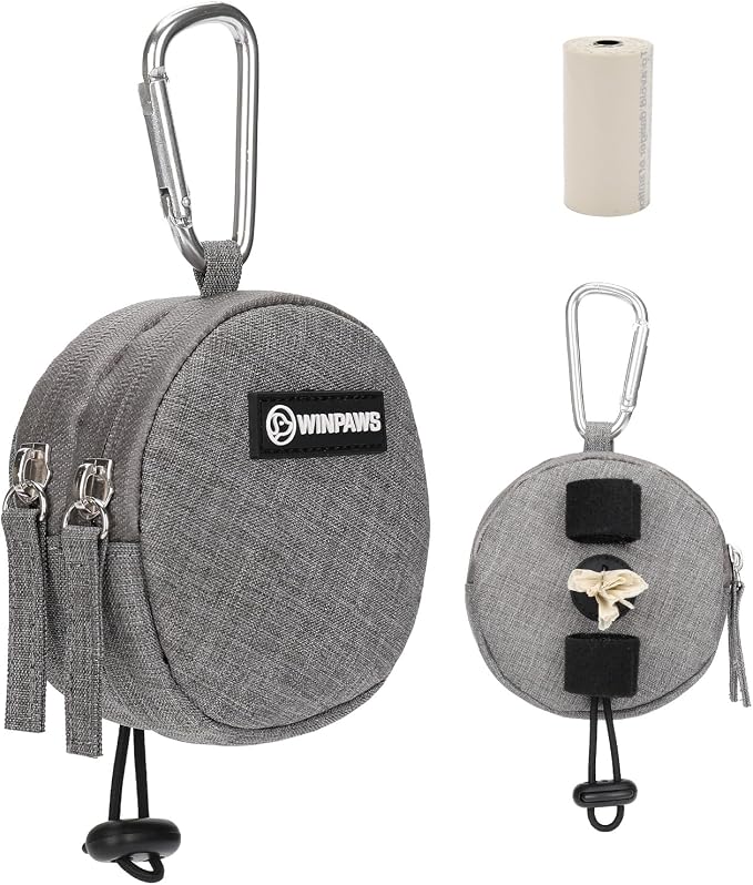 Dog Poop Bag Holder for Leashes- Dog Treat Pouch with Waterproof Zipper,Puppy Training Small Bag with Carabiner & Bungee Toggle,Two Pockets for Dry or Wet Treats-Pet Travel Walking Essentials (Grey)