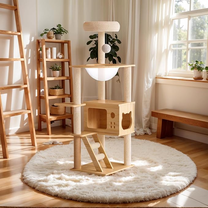 Cat Tree & Litter Box Enclosure,Modern All-in-one Indoor Cats Tower with Large Platform, Cat Condo with Wood House, Food Station, Hammocks (45.8“)
