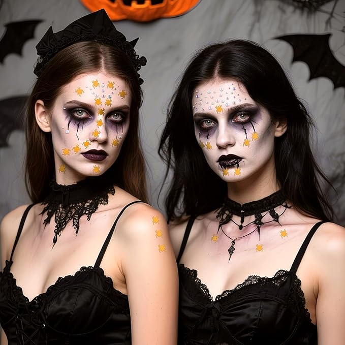 Halloween Orange Face Stickers Gems for Makeup, 3 Sheets Pumpkin Spooky Spider Witch Face Glitter Rhinestone jewels, Self Adhesive Face Eye Nail Body Gems Stick on for Boo Rave Festival Accessories