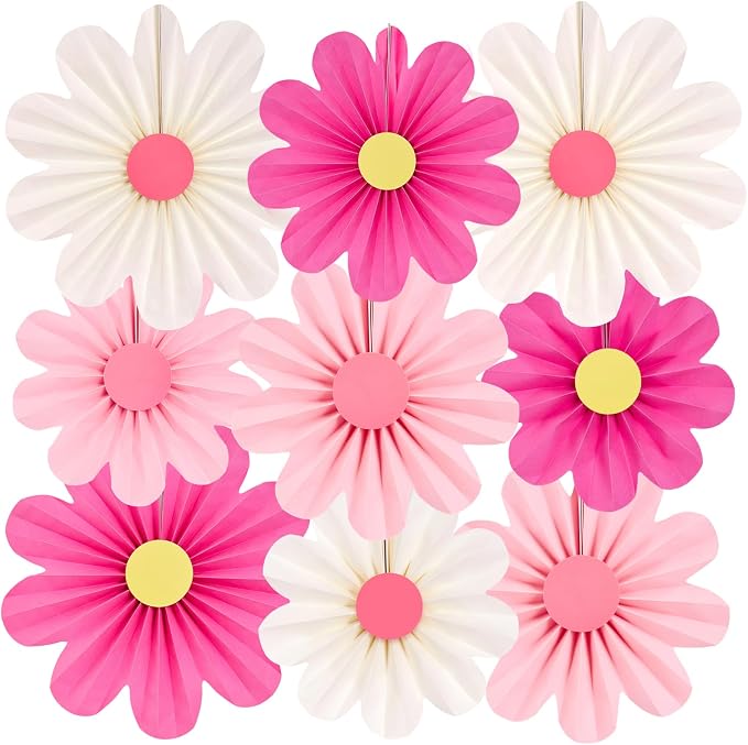 SUNBEAUTY Paper Flowers Decorations Pink Daisy Paper Flowers Decorations for Wall Hanging Paper Fans Decoration Floral Backdrop Decor for Birthday Wedding Baby Shower Classroom Decoration Set of 9