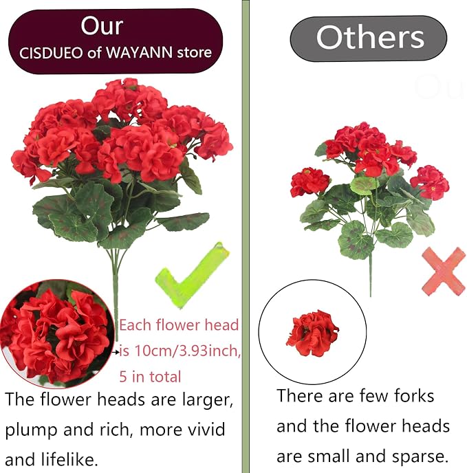 CISDUEO 4 Pcs Artificial Geraniums for Outdoors Silk Flowers Outside Red | Faux Flowers Geraniums for Outdoor Planter Floral Home Decor Indoor Garden Patio Grave Cemetary Vase Table Centerpiece