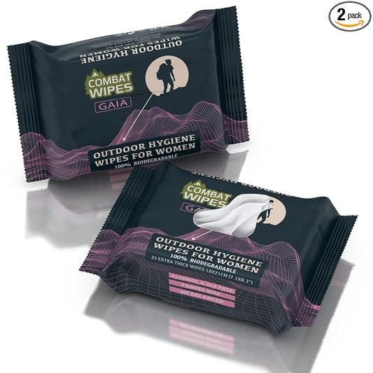 Combat Wipes Gaia - Feminine Hygiene Outdoor Wet Wipes - Extra Thick, Ultralight, Biodegradable, pH Balanced Cloths for Women (50 (Count (Pack of 2))