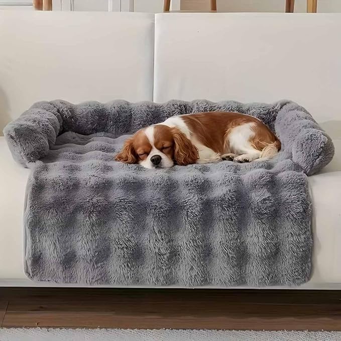 Calming Dog Bed for Couch, 29.5 x 29.5 inch, Dog Sofa Mat, Machine Washable | 3-Sided Bolster, Faux Rabbit Fur Plush, Non Slip Bottom, Water Resistant Furniture Protector for Small Medium Dogs & Cats