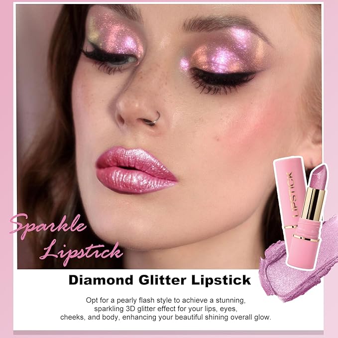 Metallic Lipstick Pink Glitter Lip Stick Long Lasting Waterproof Shimmer Nude Lipstick for Women Makeup Tinted Lip Balm Creamy Diamond High Impact Lip Color Lightweight Non Stick Cup