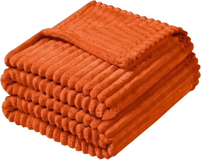 Vessia Flannel Fleece Twin Size Blanket for Bed,Couch,Sofa(60x80inch), 300GSM Microfiber Burnt Orange Striped Bed Blanket for Adults, Super Soft Warm Cozy Lightweight Ribbed Decor for All-Season