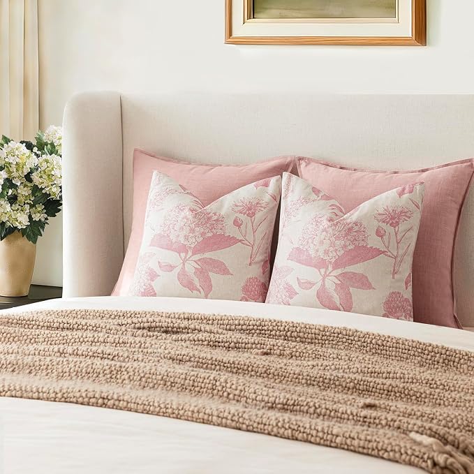 Foindtower Set of 2 Linen Floral Throw Pillow Covers Neutral Vintage Print Decorative Cozy Cushion Covers Farmhouse Boho Home Decor for Sofa Chair Couch Bedroom Living Room,24×24 Inch,Light Pink
