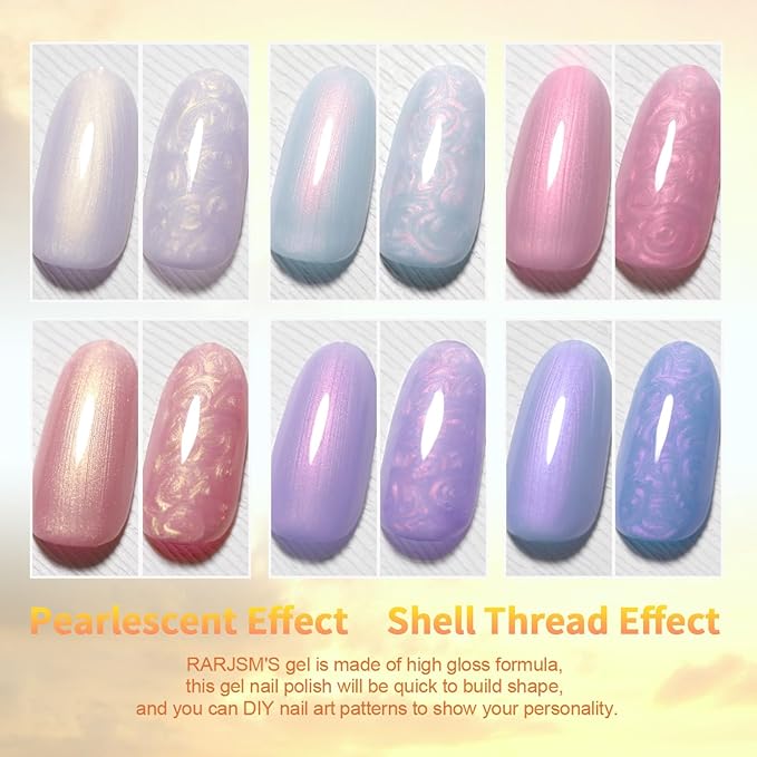RARJSM Pearl Gel Nail Polish Set Iridescent Shell Glitter Gel Polish 6 Sunset Colors Light Purple Blue Pink Red Gold Shimmer Mermaid Swirl Thread Effect Soak Off Curing Requires Home Salon