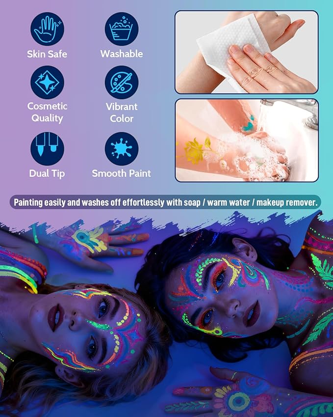 Temporary Tattoo Markers for Skin, 20 Pcs Dual-Tip UV & Matte & Glitter Tattoo Pens, Skin-Safe Body Markers with Tattoo Stencils & Stickers, Washable Glow in the Dark Markers for Kids Teens