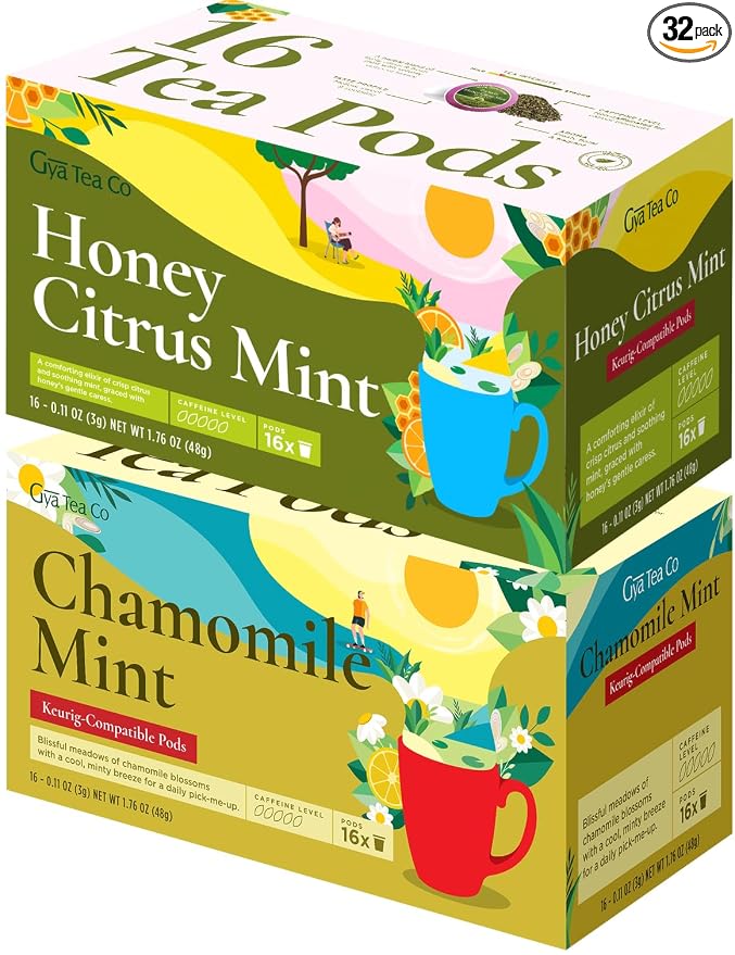 Gya Tea Co Citrus Mint Herbal K Cups Tea Pods Variety Pack & Chamomile Mint Herbal Tea K Cups Variety Pack for Keurig 2.0 &1.0