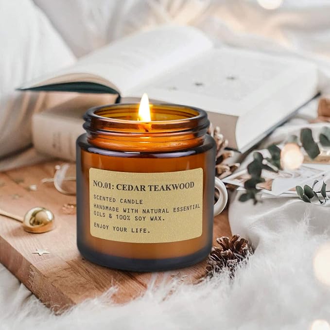 YFYTRE 4 Pack Scented Candle Set Soy Wax Candles, Aromatherapy Candles for Home Decoration, Jar Candles Gift for Women Mother with Amber Glass Jars and Kraft Wrapping