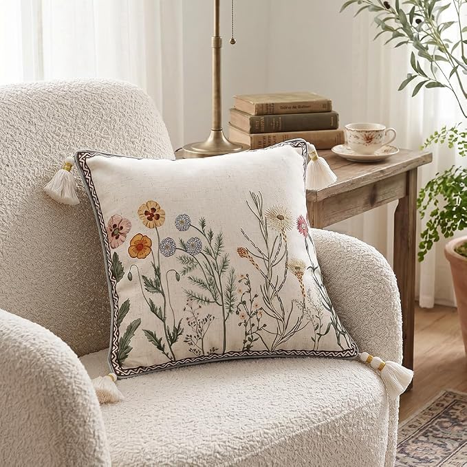 Designer Vintage Linen Throw Pillow Cover,18"x18"-Serenity D | French French Elegant Square Decor Pillow Cover,Concealed Zipper Design,Light Beige,Sofa,Bedroom,Living Room,Chairs