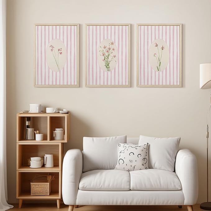 Pink Flower Wall Art Striped Floral Prints Botanical Canvas Wall Decor Aesthetic Pictures Pastel Pink Floral Poster Minimalist Flower Painting for Girl Room 16x24 Inch Framed Set of 3