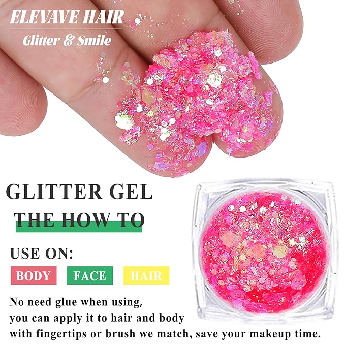 Body Glitter Face Glitter, Hair Glitter for Kids, 12 Shapes Fine Chunky Glitter Gel for Women Girls Makeup Sparkles Party Mermaid Sequins Rave Accessories Singer Concerts Festival (6 Colors)