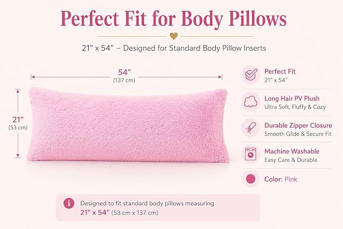 REAFORT Long Hair Faux Fur Body Pillow Cover 21"x54", Hidden Zipper (Pink) | Ultra-soft long hair faux fur with a hidden zipper offers luxurious comfort and is machine washable for easy care.