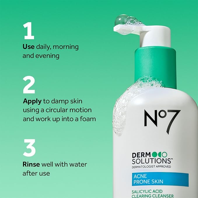 No7 Derm Solutions Salicylic Acid Facial Cleanser - Exfoliating Face Wash with 2% Salicylic Acid + 4% Niacinamide - Acne Prone Skin Care for Radiant, Blemish Free Skin (6.7 fl oz)