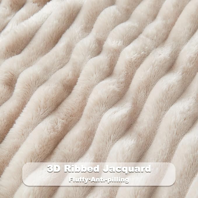 NEWCOSPLAY Fleece Ribbed Cozy King Blanket for Couch, Linen, 90"x110" | Premium Silky Flannel Blanket, Soft Lightweight Fluffy Throw Blanket for Bed Sofa Decor, Gift for All Season Use