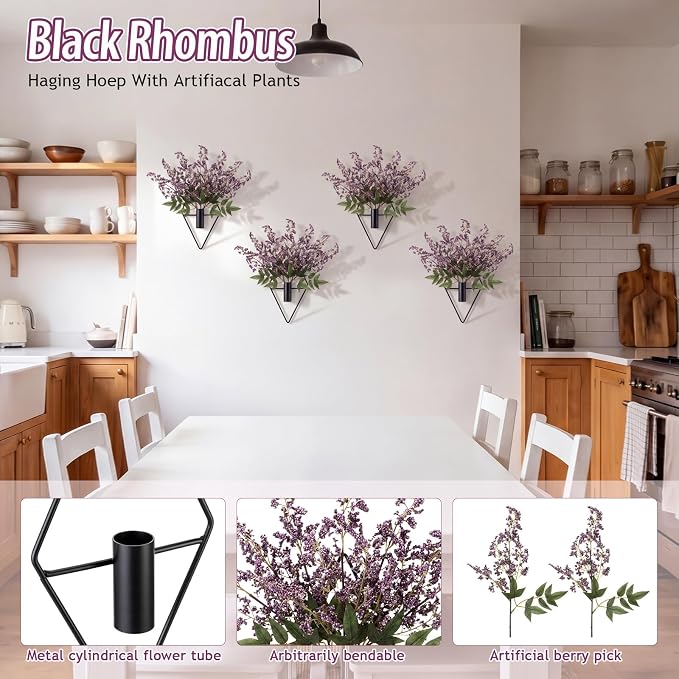 Hanaive 4 Sets Boho Wall Decor Metal Wall Art Hanging Planters with Artificial Pampas Display Modern Home Vase for Bedroom Home Office(Elegant,Light Purple)