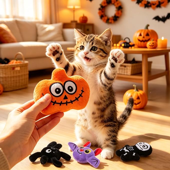 EXPAWLORER 5Pcs Halloween Catnip Toys for Cats-Pumpkin, Bat, Spider, Skeleton & Witch Cat, Cat Chew Toy with Crinkle Paper for Interactive Play & Relieve Boredom, Perfect for Teething Exercise & Gift