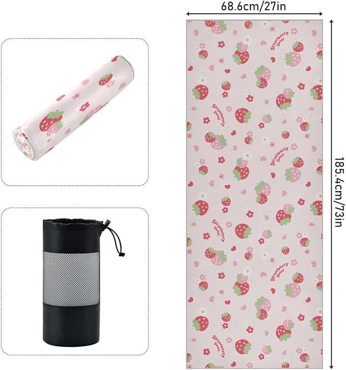 Non Slip Yoga Towel 73 x 27 in Strawberry Sweat Absorbent Yoga Mat Towel for Hot Yoga, Pilates and Workout