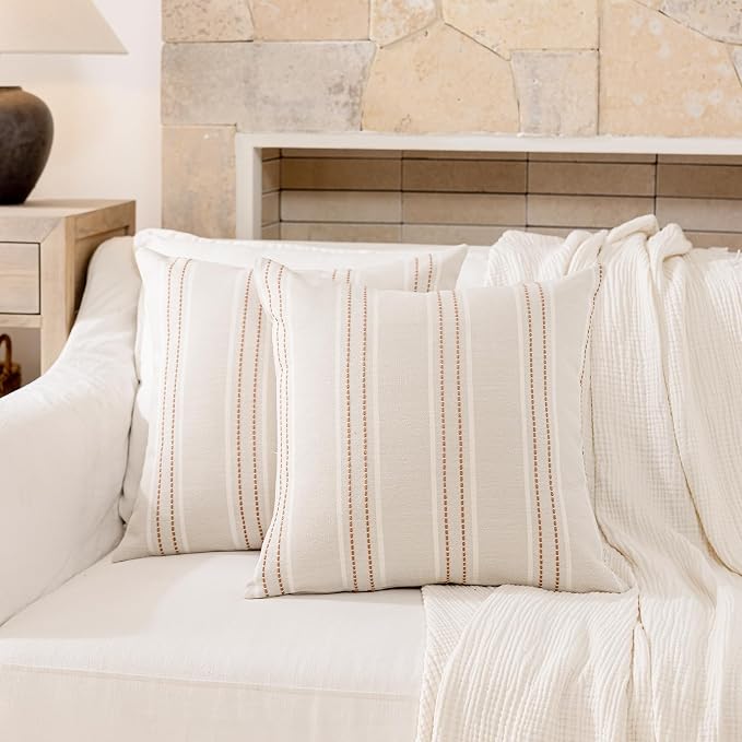 Hckot Terracotta Throw Pillow Covers 18x18 Set of 2 Striped Pillow Covers | Farmhouse Decorative Pillows Textured Linen Square Cushion Covers for Sofa Couch Bed Living Room Decor(Camel)