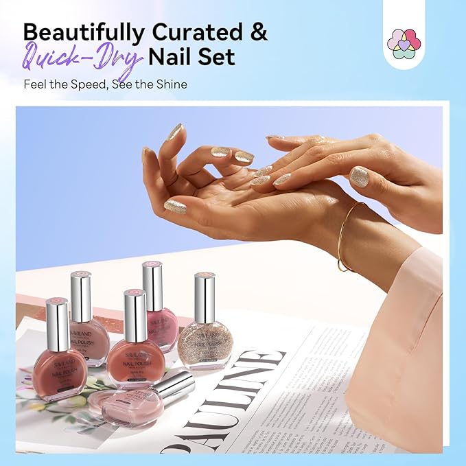 SAVILAND Nude Nail Polish Set: 6Pcs Classic Neutral Glitter Colors Quick Dry Nail Polish Fall Winter Mini 12-Free Fingernail Polish Vegan Nail Toes Lacquer DIY Manicure Women Gift Home Use