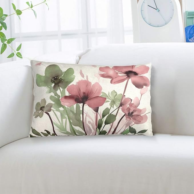 Spring Floral Pillow Covers 12x20 Inches Set of 2 Sage Green Pink Floral Throw Pillow Covers Outdoor Summer Flower Decoration Pillowcase Farmhouse Decorative Lumbar Cushion Cover For Home Sofa