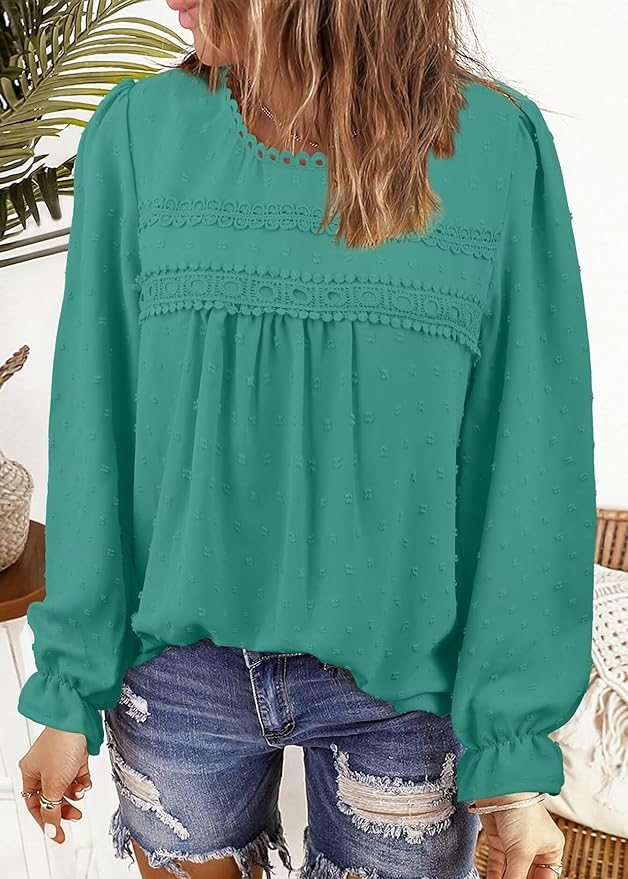 Womens Boho Tops Long Sleeve Shirts For Women Cute Crewneck Blouse Dressy Casual Swiss Dot Crochet Hollow Top 2026