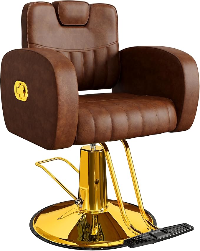 Baasha Ergonomic Brown and Gold Salon Chair with Comfortable Thickened Cushions, Heavy Duty Reclining Stylist Chair for Hair braiding, Extensions, Tattooing, Weight Capacity 440 lbs