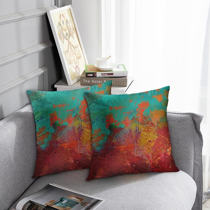 Throw Pillow Covers Set of 2, 16 x 16 Inch, Turquoise Burnt Orange | Abstract Modern Art Outdoor Decorative Square Pillow Cases Couch Cushion Case for Couch Bed Sofa Living Room Home Decor