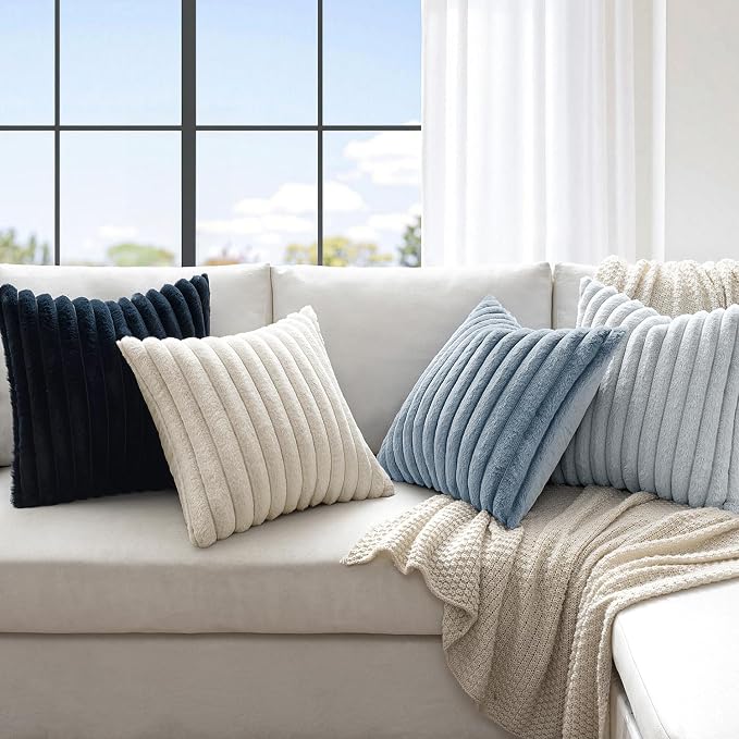 MIULEE Faux Fur Plush Euro Decorative Throw Pillow Covers 24x24, Navy Blue | Set of 4, Striped, Soft Coastal Modern Cozy Home Decor, Cushion Cases for Sofa Couch Bed Living Room