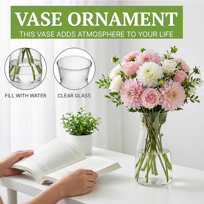 8 inch Glass Flower Vases for Flower 2 Pack,Clear Glass Vases | Vases for Centerpieces Table,Flower Bouquet Decoration,Wedding Decor Gift,Birthday,Living Room,Office Decor