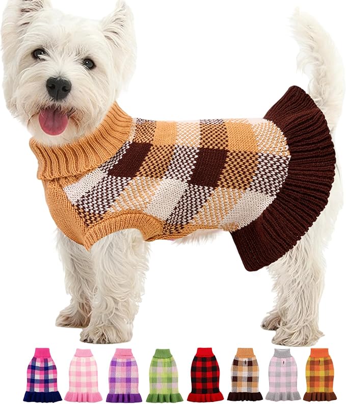 Dog Sweater Dress Plaid Knitwear for Small Medium Dogs Warm Puppy Pet Turtleneck Stretch Pullover Cute Fall Winter Vest Clothes with Leash Hole for Christmas (Coffee, 2XS)