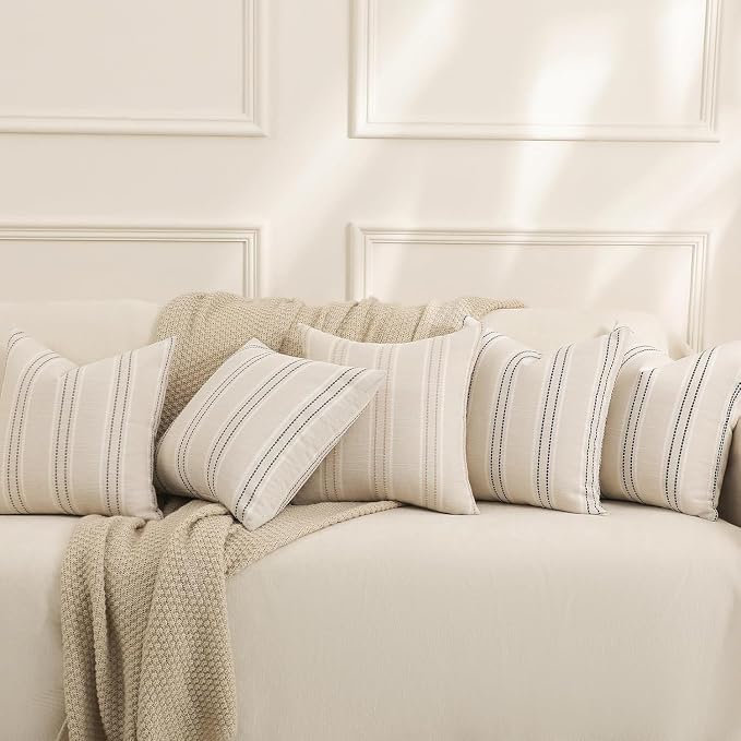 Hckot Stripe Throw Pillow Covers 26x26 Large Square Khaki Pillow Cover | Farmhouse Decorative Pillows Textured Linen Euro Sham Cushion Covers for Sofa Couch Bed Living Room Decor