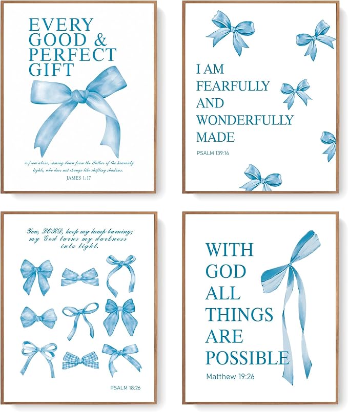 LARTSFRO Coquette Blue Bow Bible Wall Art Decor Poster, Blue Bow Bathroom Decor, Aesthetic Teen Girl Living Room Bathroom Decor, Trendy Gifts for Women Teens Teen Girls, 10x8 Inch Set of 4 Unframed