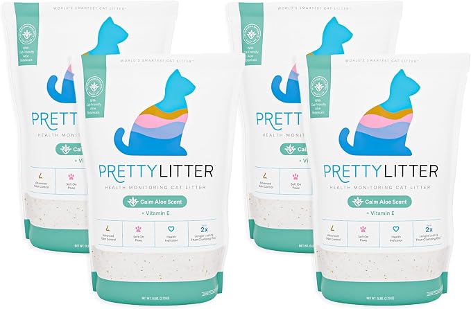 PrettyLitter Health Monitoring Cat Litter, Calm Aloe, 4-Pack, 6 lb. Bags | Up to 4 Months Supply, Non-Clumping, Advanced Odor Control, Automatic Litter Box Compatible, Color Changing Silica Crystals