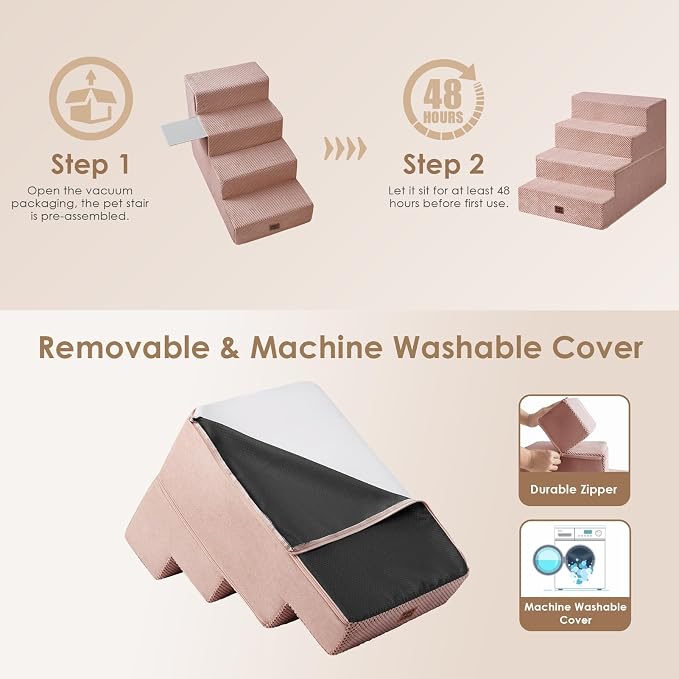 EHEYCIGA Dog Stairs for Bed 20" H, 4-Step Extra Wide Dog Steps, Pink | Pet Steps for Small Dogs and Cats for High Bed, Non-Slip Balanced Pet Ramp Indoor