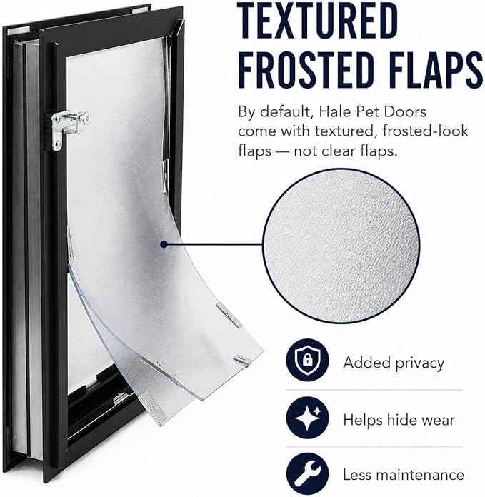 Door Model | Cat & Dog Doors | Energy Efficient Double Vinyl Flaps | Locking Security Cover | Skilled Install Required | Heavy Frame of Extruded Aluminum | Steel Reinforced Corners | Hale Pet Door