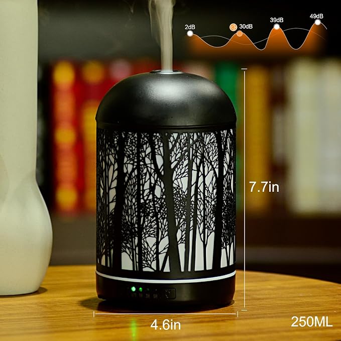 250ML Essential Oil Aromatherapy Diffuser for Home Bedroom Office Metal Hollow Decorative Room Ultrasonic Air Scent Mist Aroma Diffuser -Black