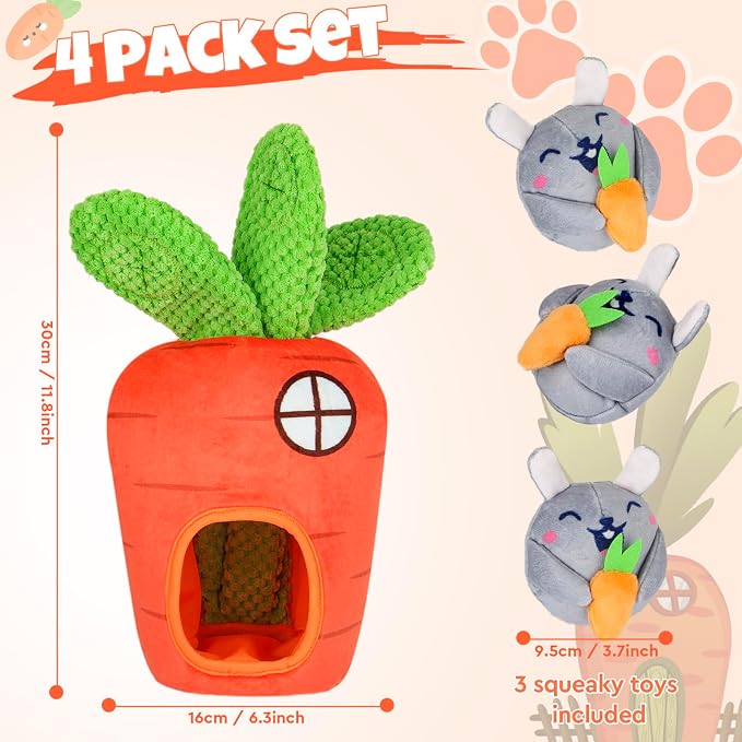 Interactive Hide and Seek Squeaky Dog Plush Toy for Small Dogs, Carrot and Bunny Set, 4 Pack Set