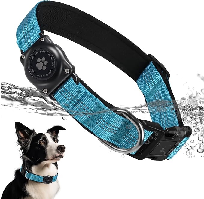 Upgrade Dog Collar with AirTag Holder, IP68 Waterproof, Blue, L | Built-in Water Resistant AirTag holder, 1000D Nylon, Reflective Stitching for Night Visibility, Soft padding for Comfort