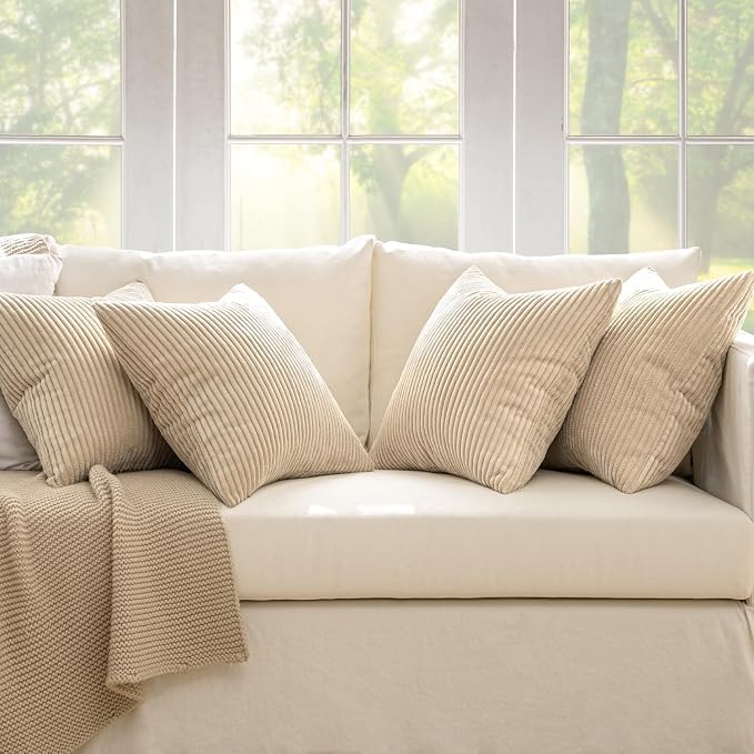 MIULEE Soft Corduroy Decorative Throw Pillow Covers Beige 20x20 | Set of 4, Mordern Nordic Home Decor, All Same Color Set, Boho Farmhouse Cushion Covers for Couch Bed Sofa Living Room