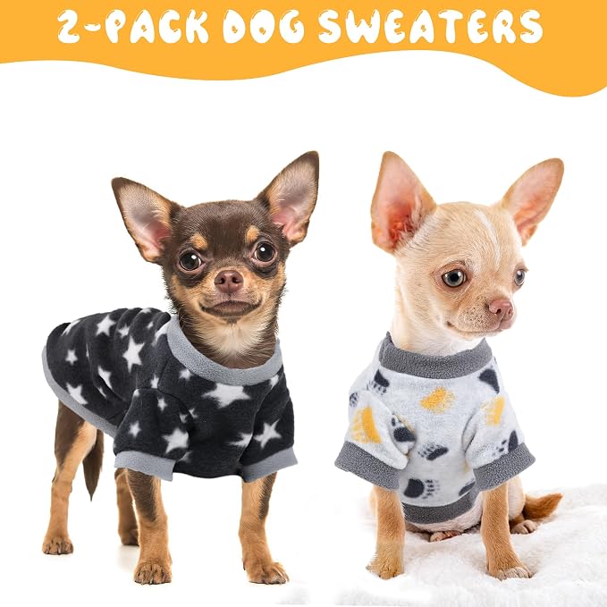 2 Pieces Dog Sweaters for Small Boy Fleece Puppy Sweater for Teacup Chihuahua Yorkie Clothes Soft Warm Dog Clothes Doggie Pet Outfit Apparel Dog Paws, Stars Print, Small