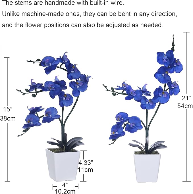 15" Silk Phalaenopsis Orchid in Square Pot, Navy Blue Flower Arrangements | Lifelike Faux Potted Blooms with Moss in a Ceramic Planter. Looks Real, Zero Upkeep, Ideal Centerpiece for Any Table