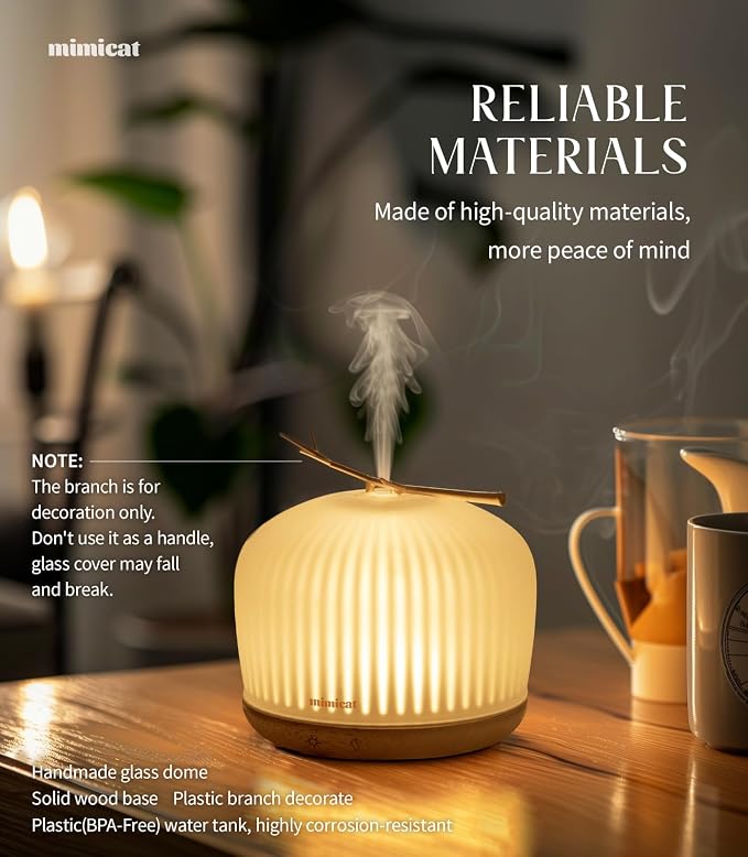 mimicat Whisper-Quiet Glass Essential Oil Diffuser for Bedroom – Aromatherapy for Restful Sleep, Auto Shut-Off, 8H/18H Runtime, 230ML, Wood Base